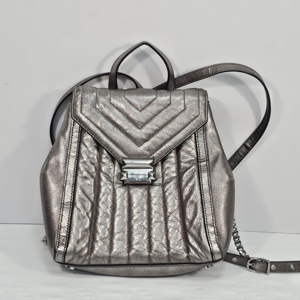 Michael Kors Whitney Medium Quilted Metallic Pewter Leather Backpack
